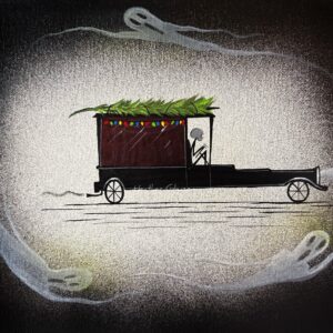 A Coffin and Christmas Tree Hearse Painting